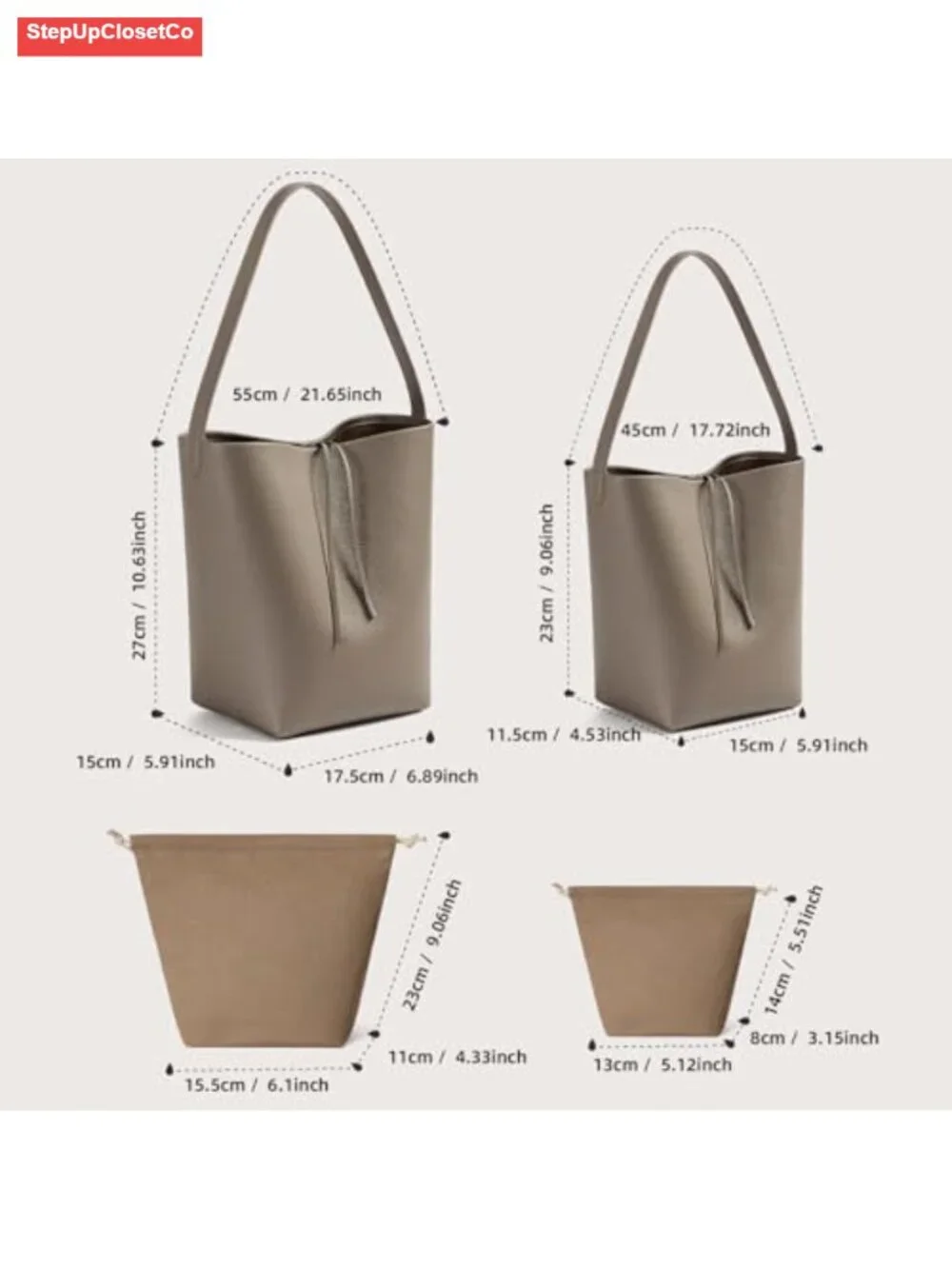 Genuine Leather Bucket Bag with Wallet Full-Grained Calfskin Tote